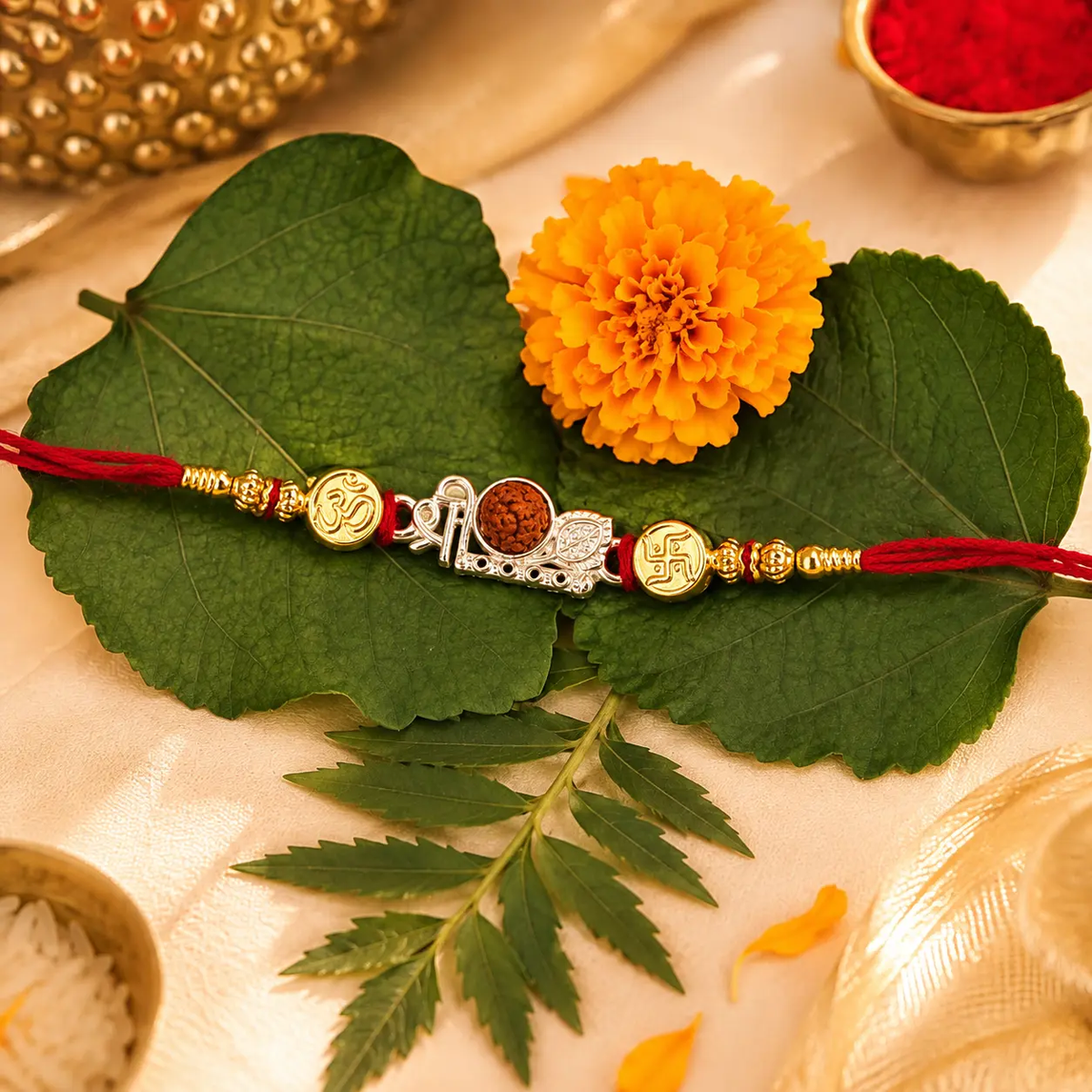A red string Rakhi bracelet with gold and silver decorative elements, displayed on large green leaves with a yellow marigold flower. The bracelet features a central silver elephant charm, a brown coconut bead, and gold-toned circular accents.