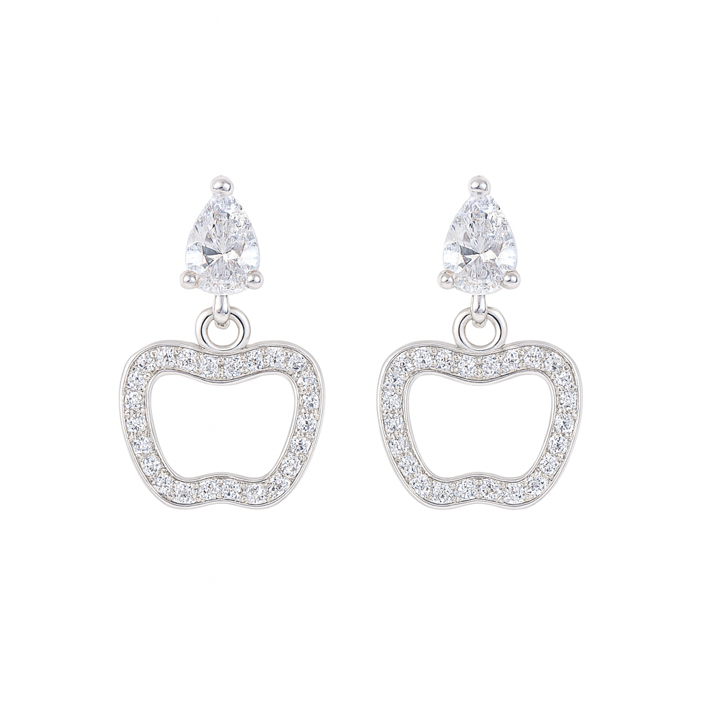 Silver heart-shaped earrings with clear gemstones on a white background