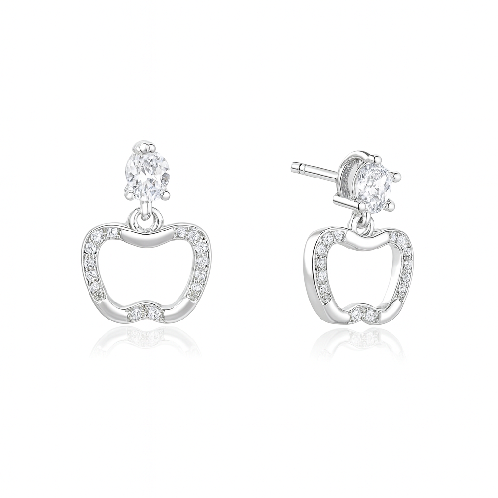 Silver apple-shaped earrings with clear stones on a white background