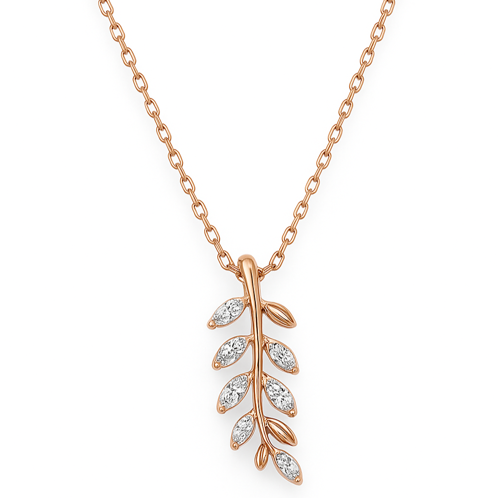 Rose gold necklace with a leaf-shaped pendant on a white background