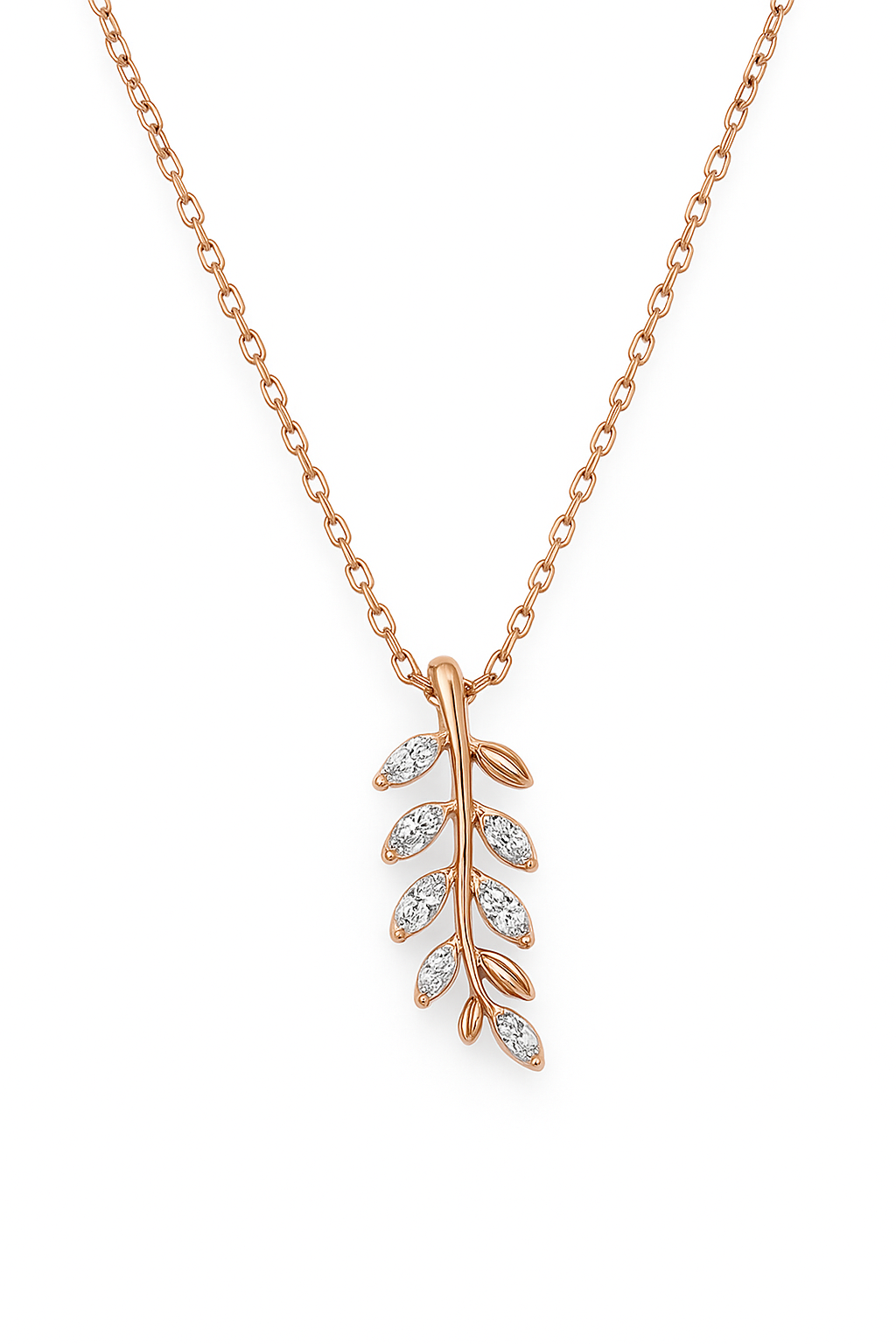 Rose gold necklace with a leaf-shaped pendant on a white background