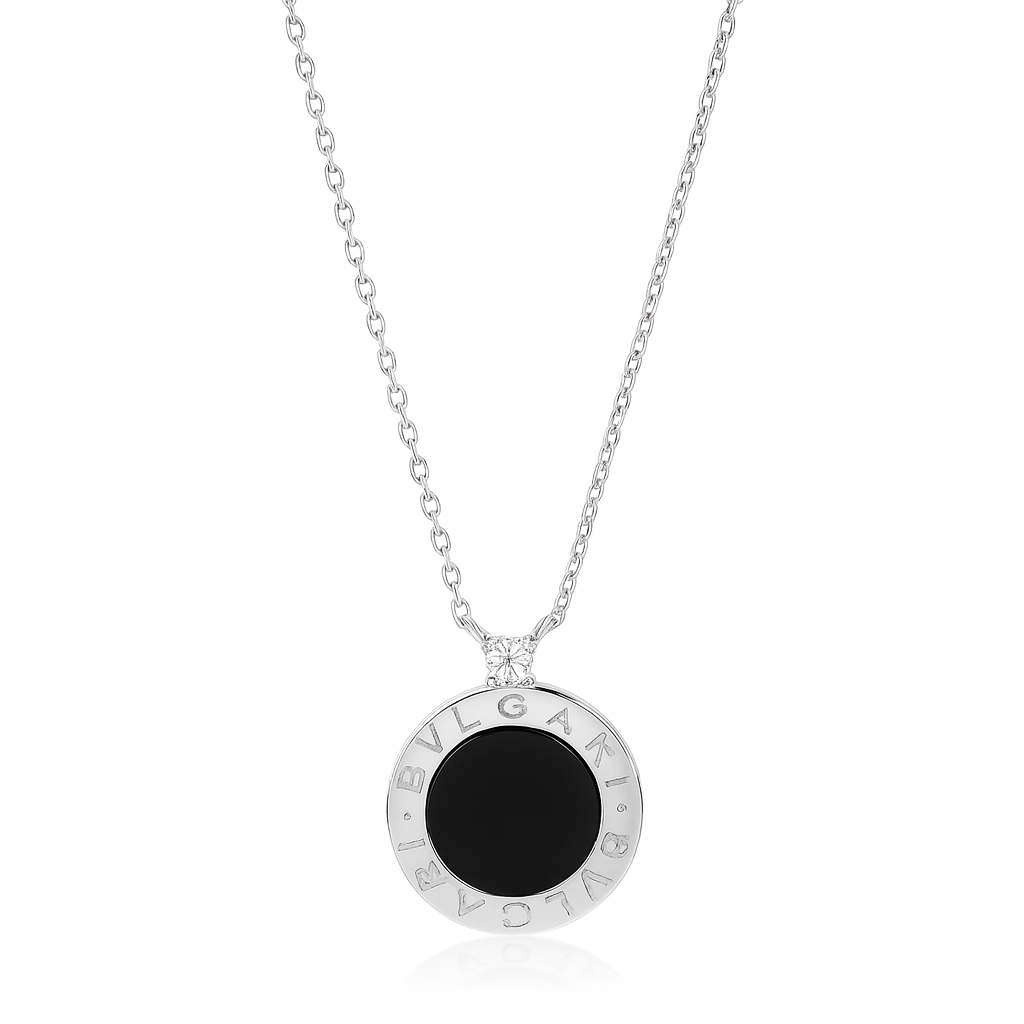 Bulgari necklace with a black stone on a white background