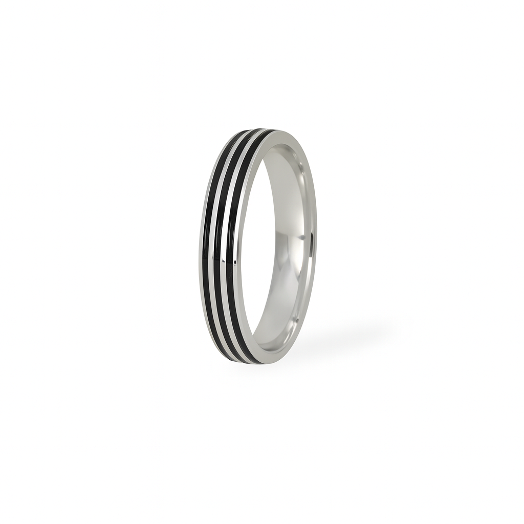 Silver ring with black stripes on a white background