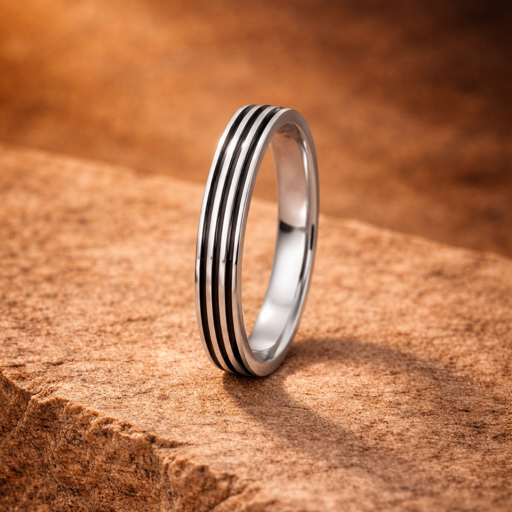 Silver ring with black stripes on a textured brown surface