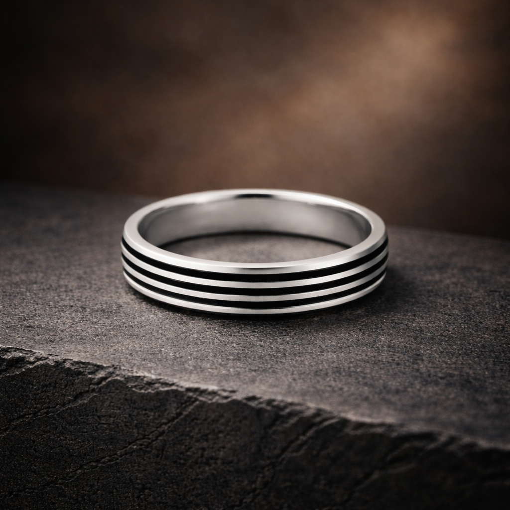 Black Layered Silver Band Ring