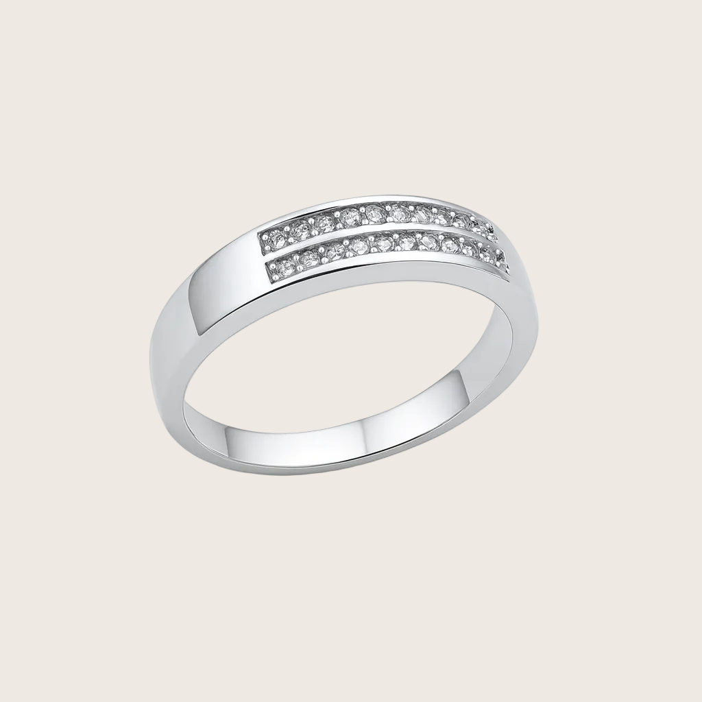 Silver ring with small diamonds on a white background
