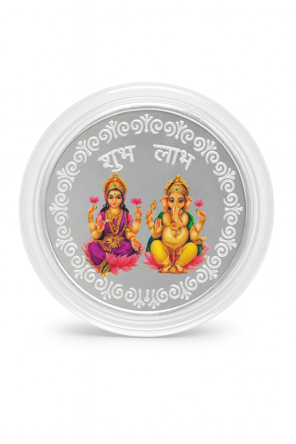 Round container with images of deities on a white background