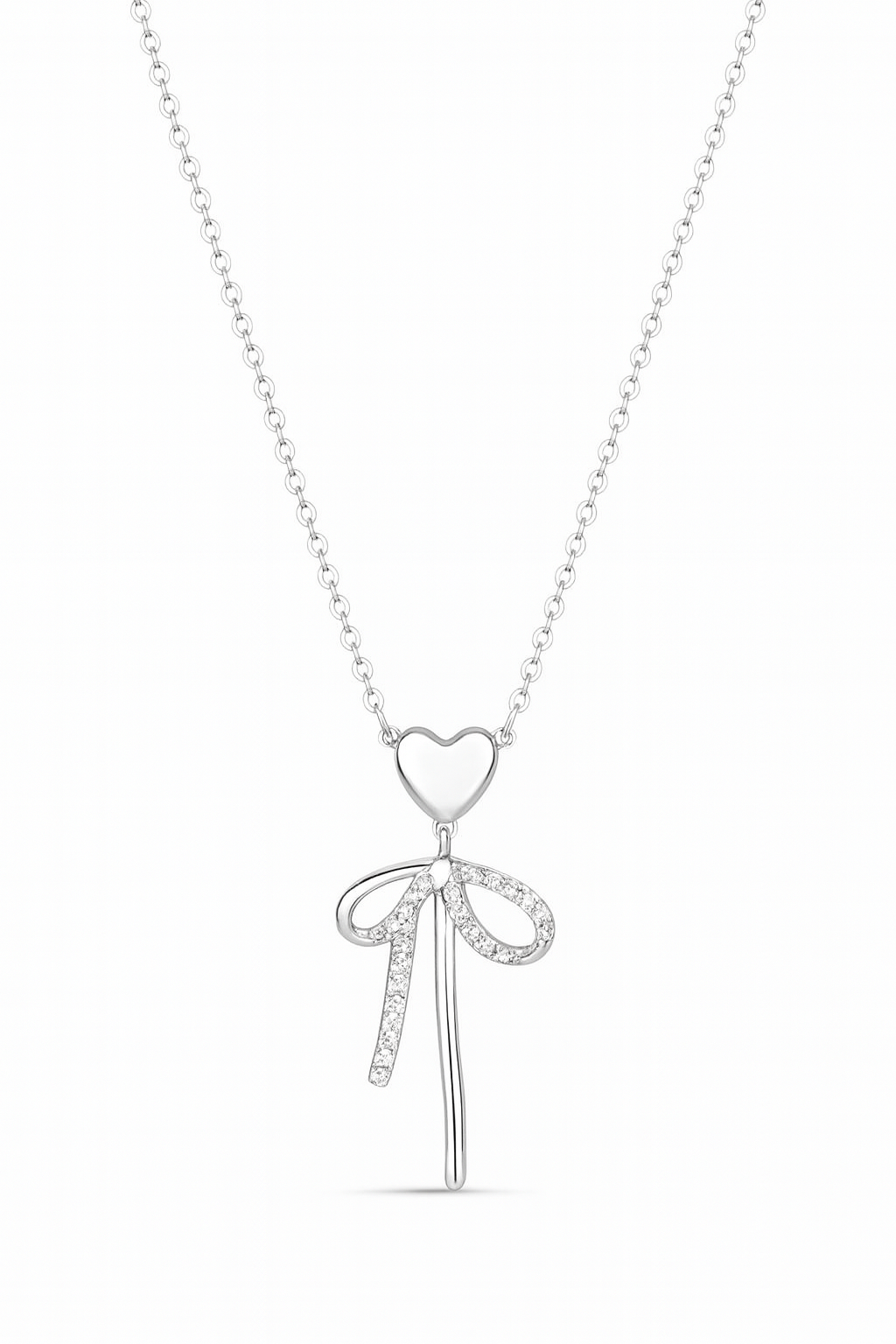 Silver bow-shaped pendant necklace on a white background