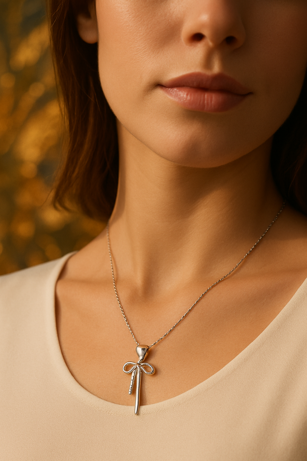 Silver bow-shaped necklace on a person wearing a beige top with a blurred background