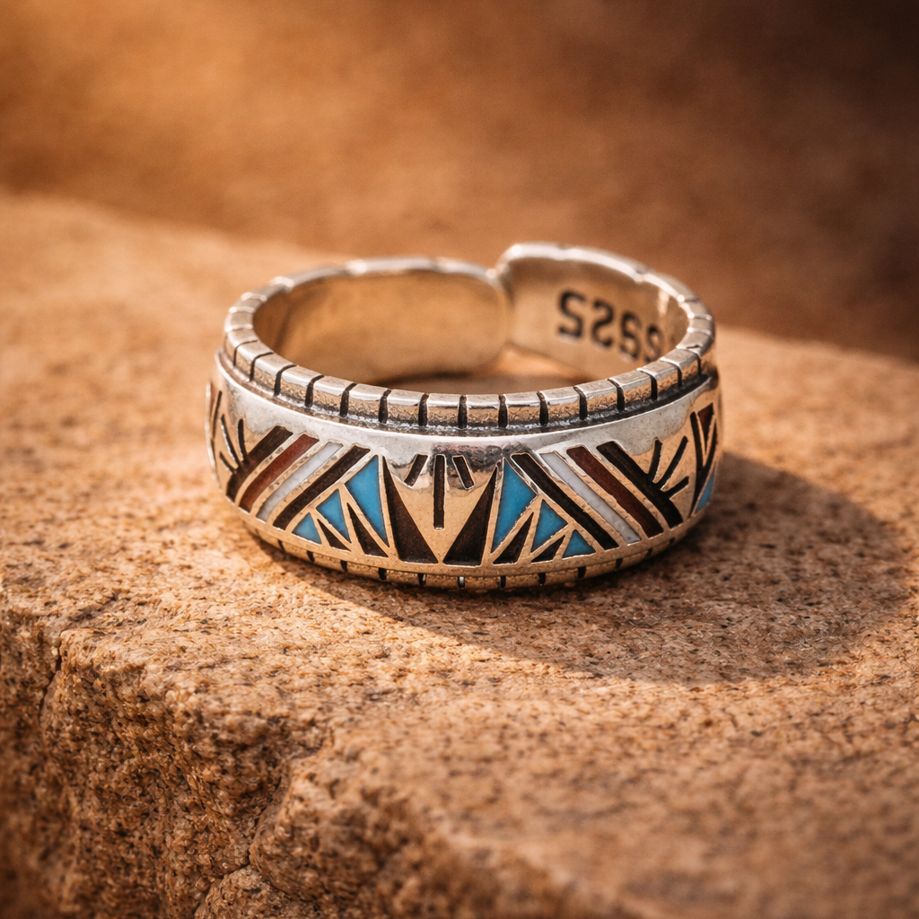 Silver ring with geometric design on a brown stone surface