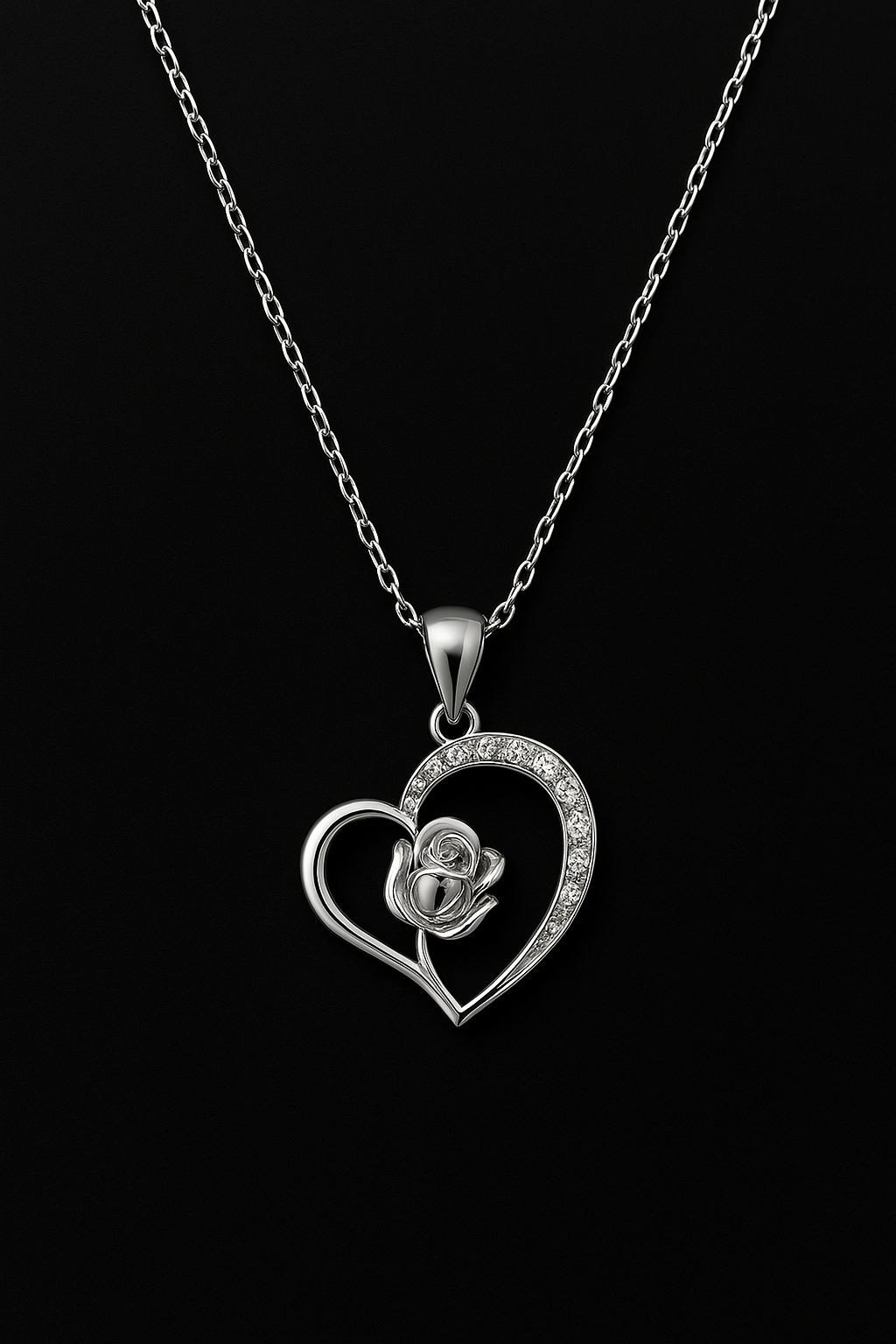 Silver heart-shaped pendant with rose design on a black background