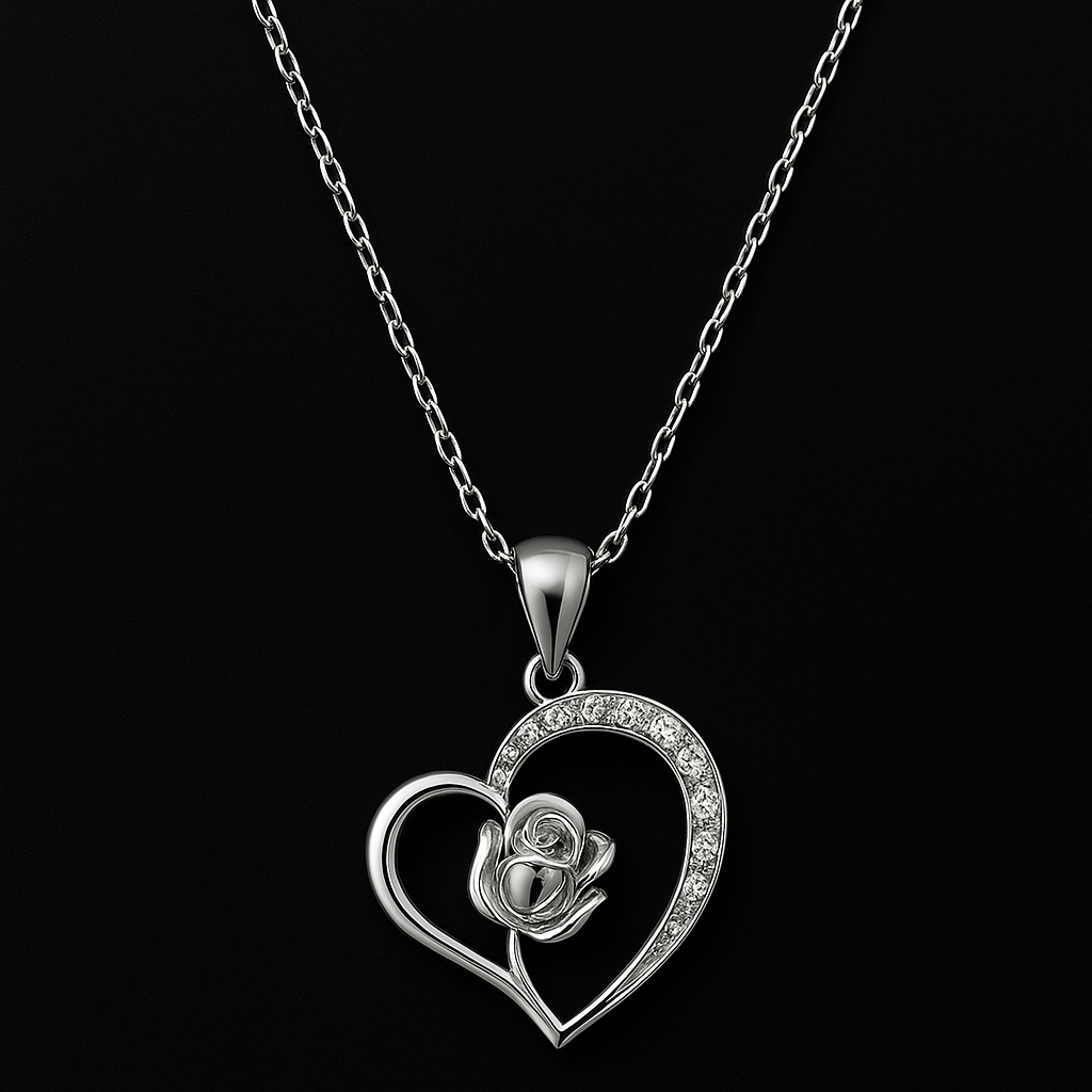 Silver heart-shaped pendant with rose design on a black background