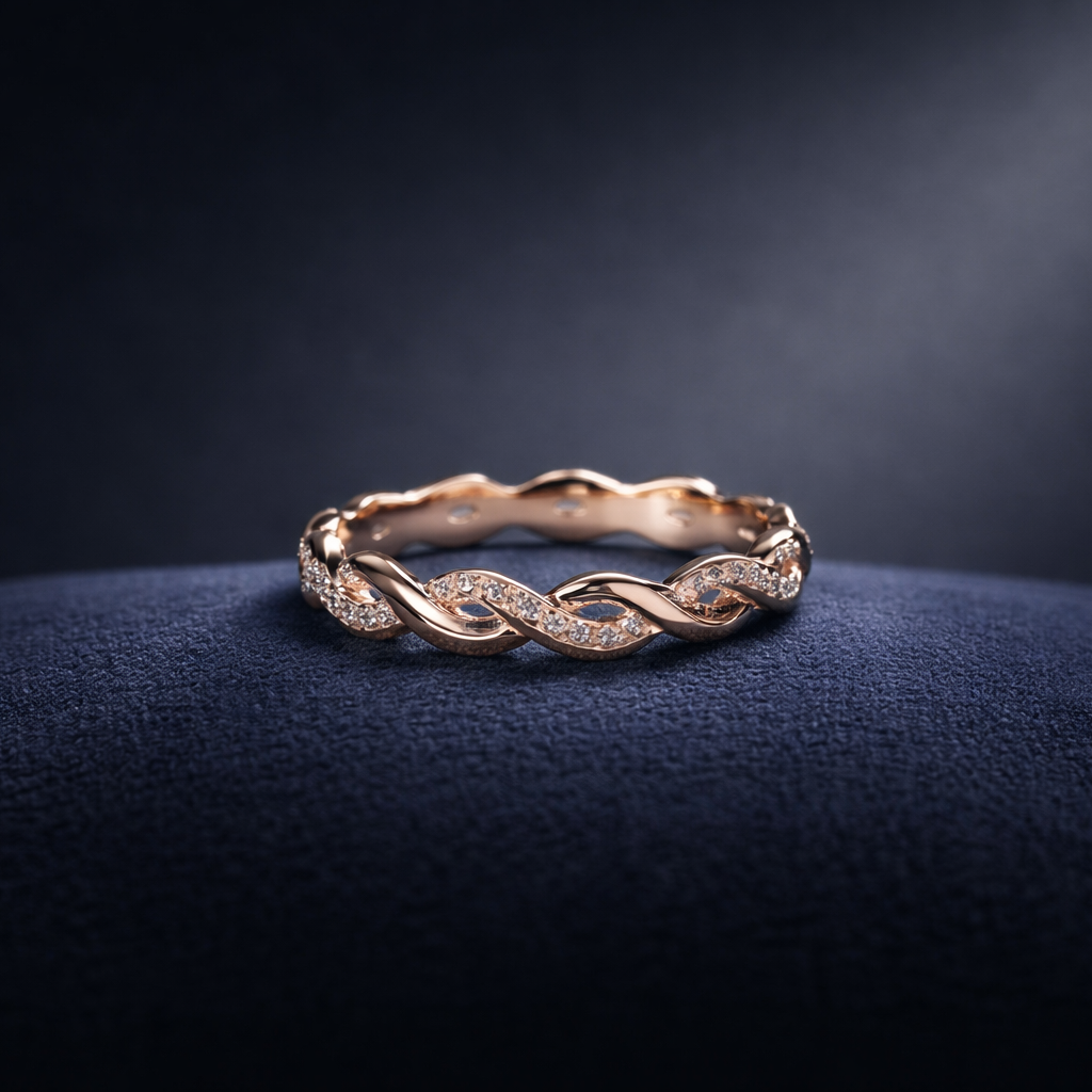 Gold ring with diamond accents on a dark blue cushion