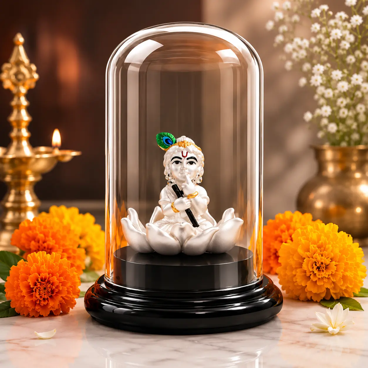A white seated deity figurine on a black base under a clear glass dome, styled with orange marigold flowers and warm decorative props in the background.