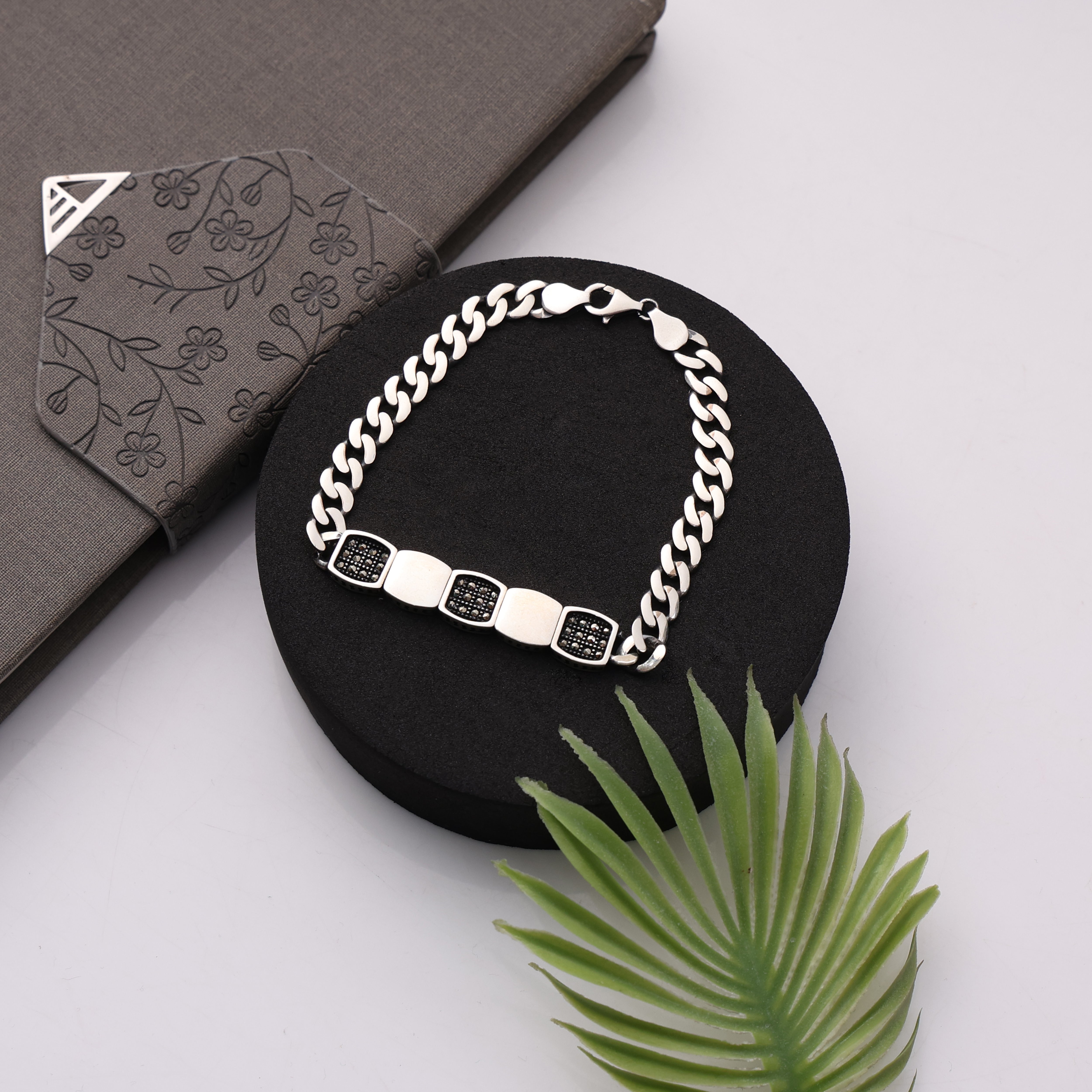 black silver rectangle bracelet for men