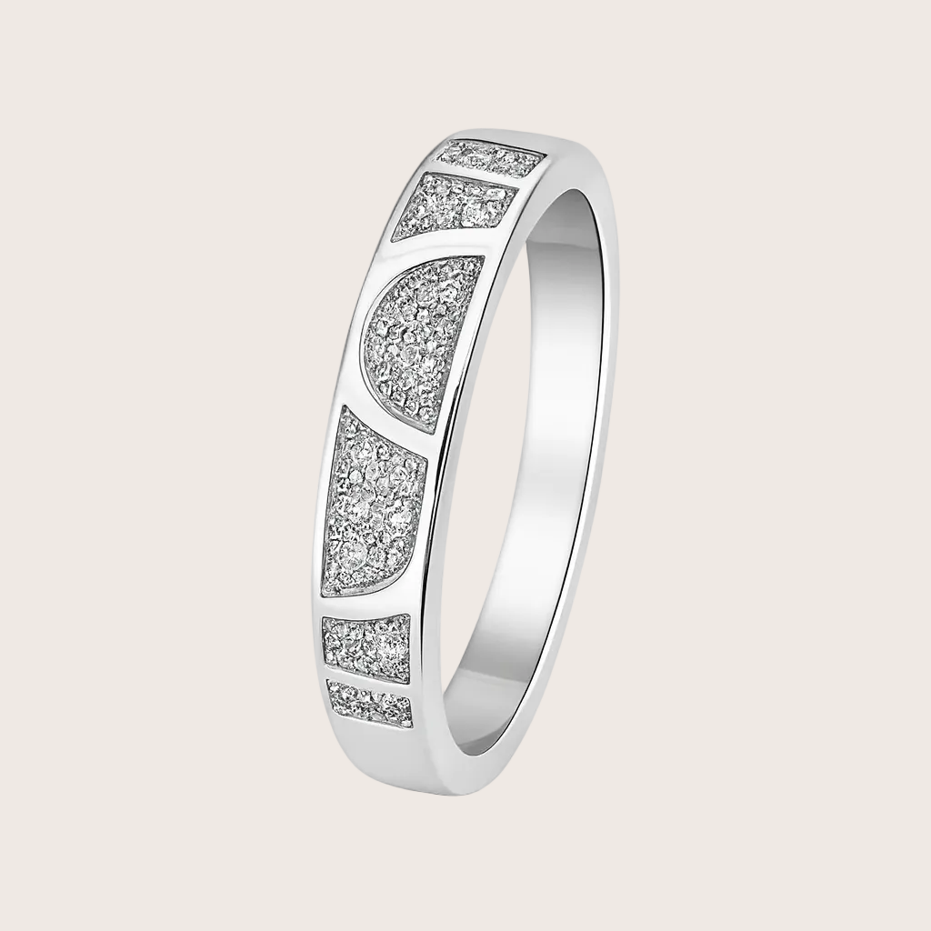 Silver ring with embedded diamonds on a white background