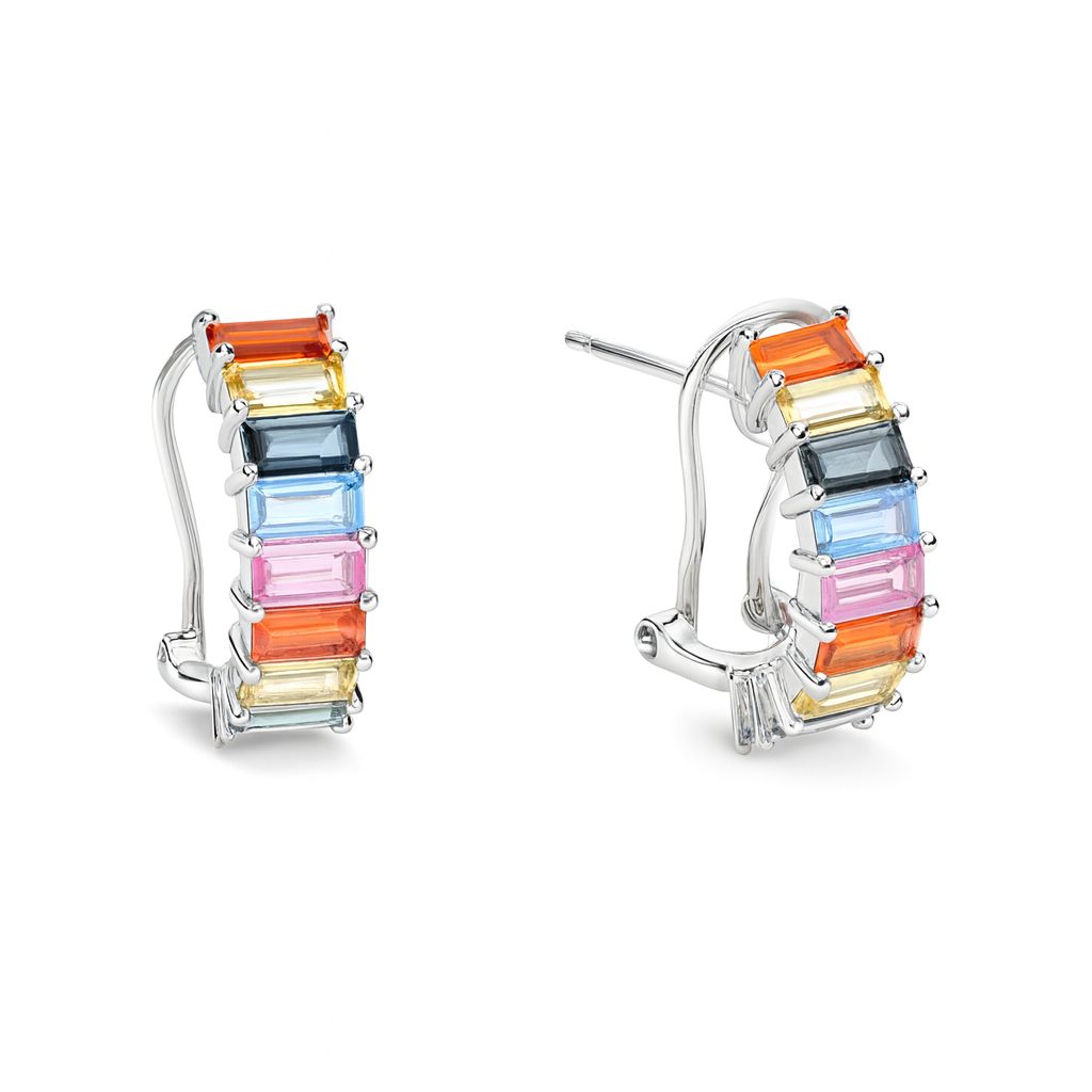 Multicolored hoop earrings on a white background