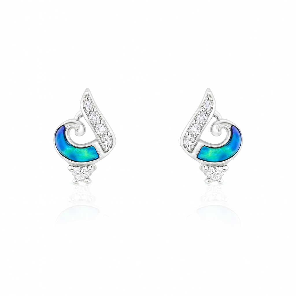 Pair of earrings with blue crescent moon design on a white background