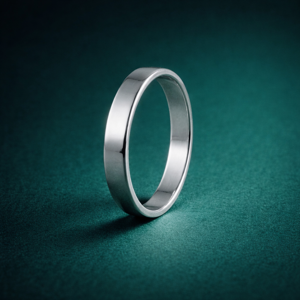 Silver ring on a teal background
