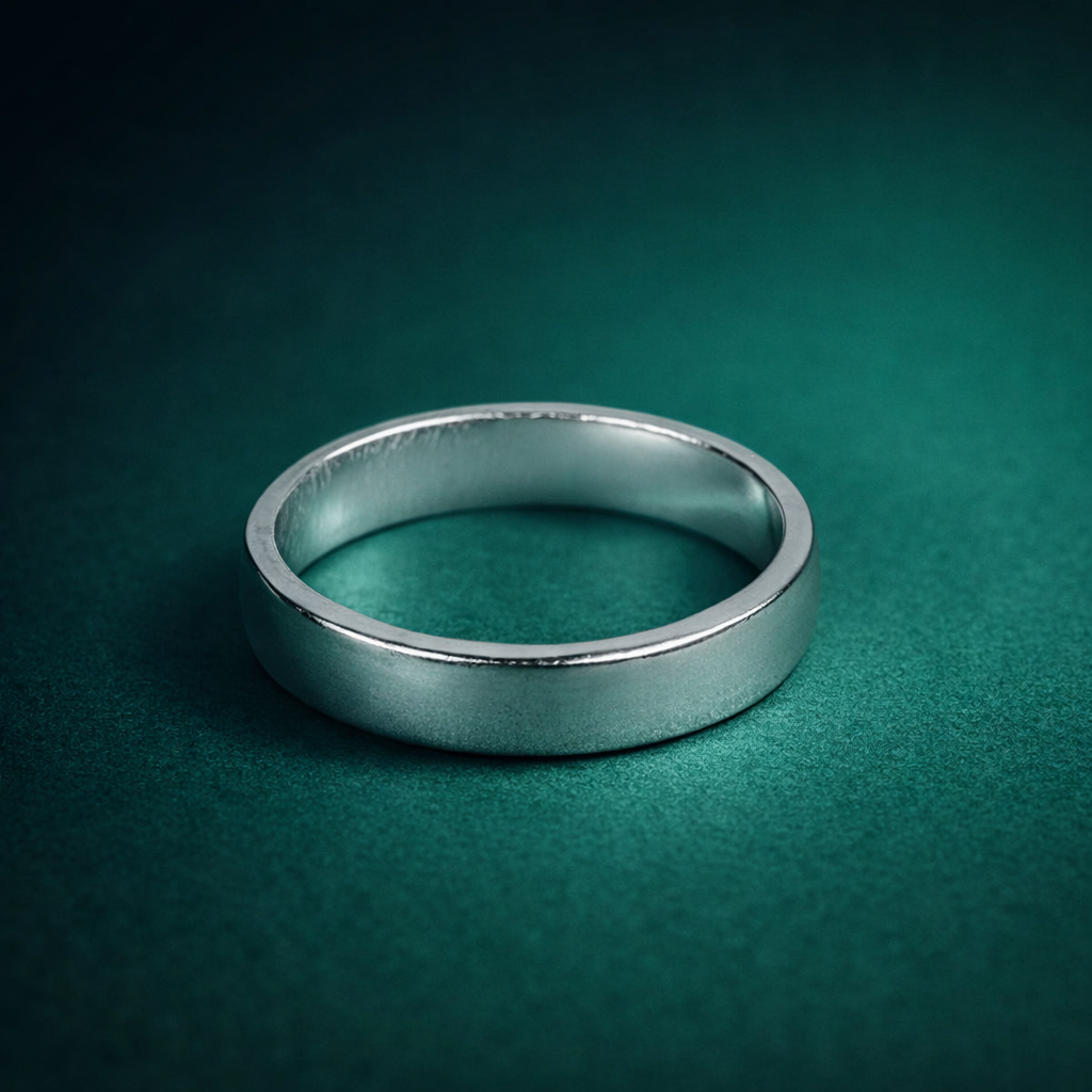 Silver ring on a green textured background