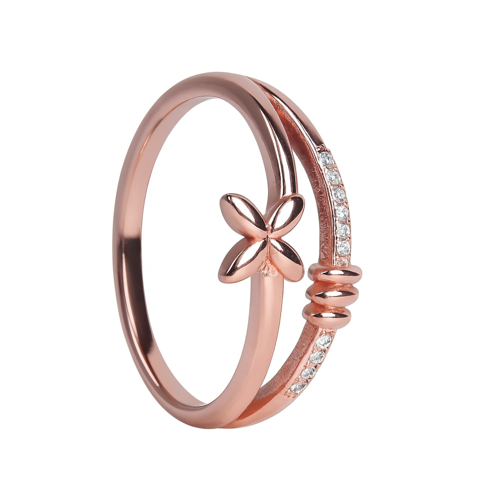 Rose gold ring with butterfly design and small diamonds on a white background