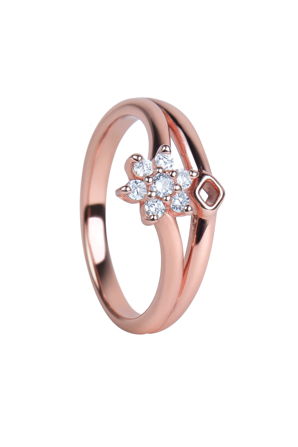 Rose gold ring with a floral design and diamonds on a white background