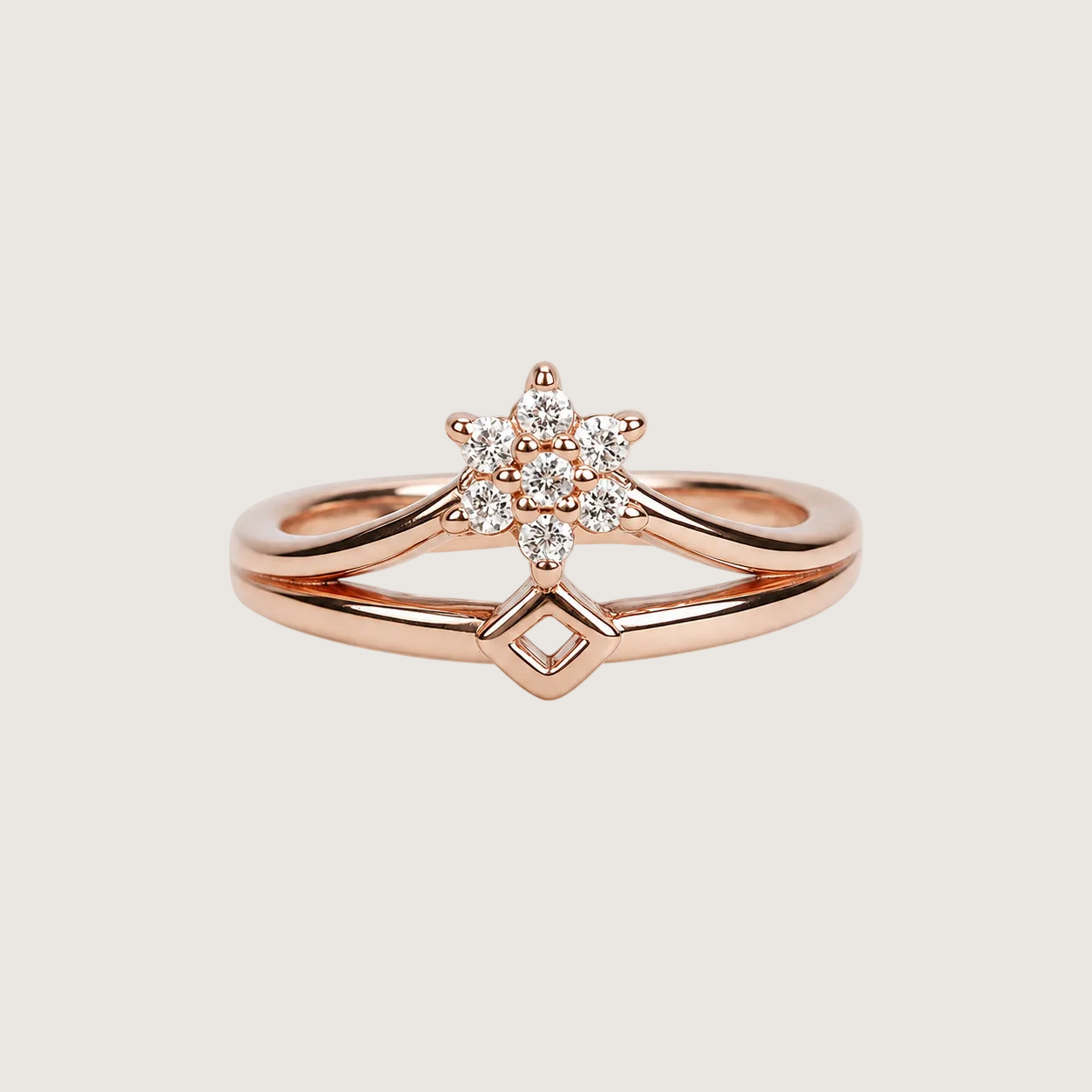 Rose gold ring with diamond accents on a light beige background