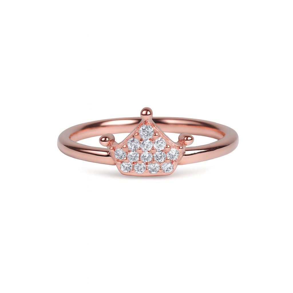 Rose gold ring with diamond accents on a white background