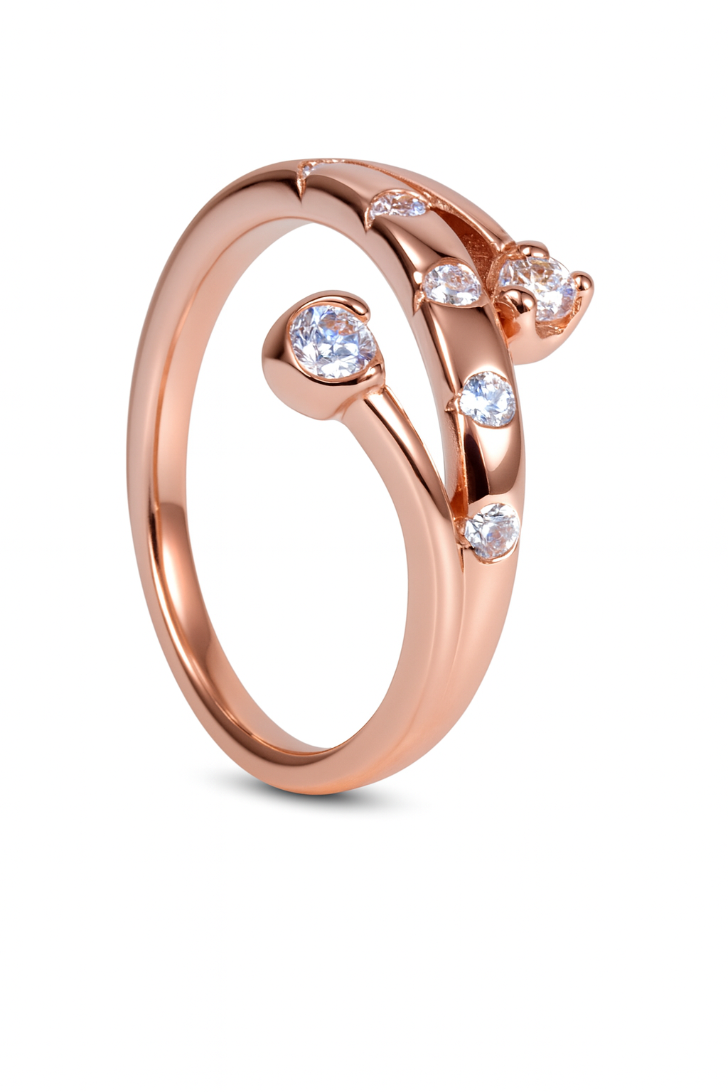 Rose gold ring with diamonds on a white background