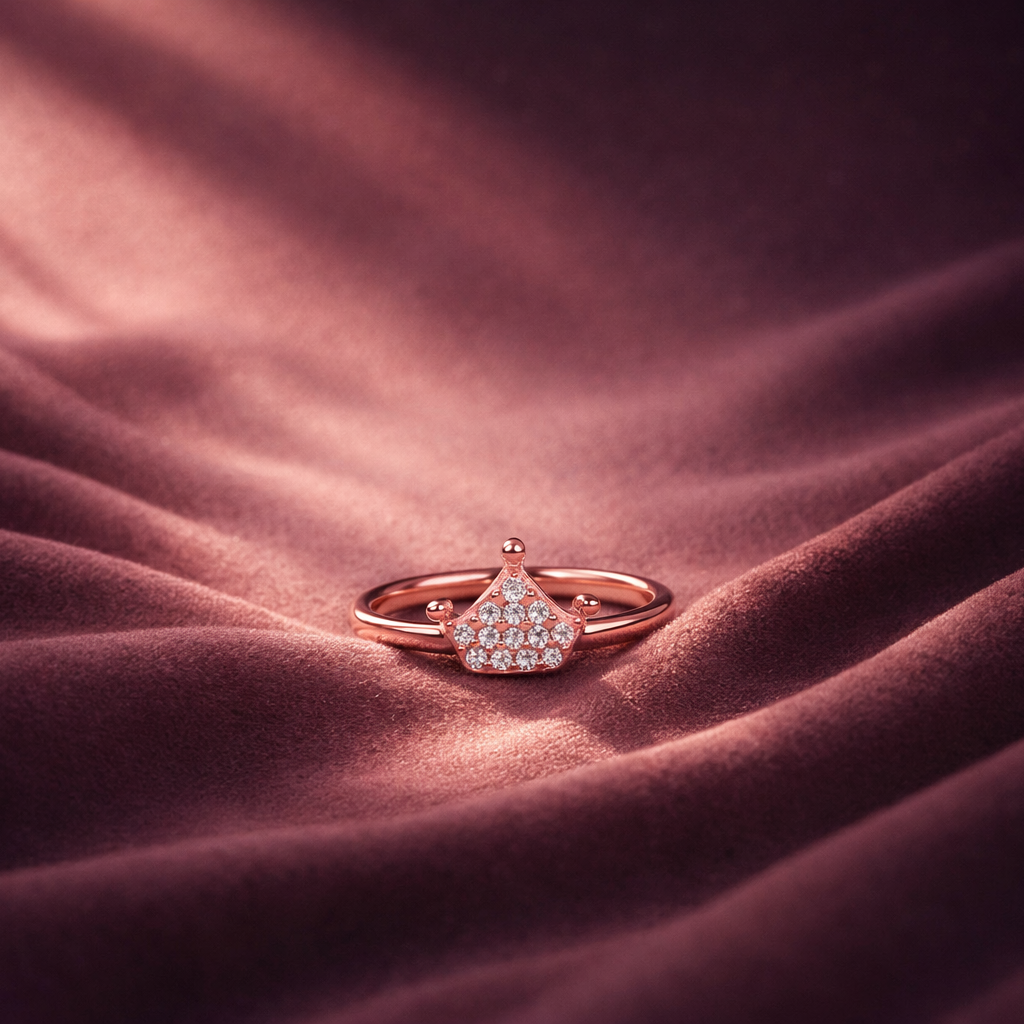 Rose gold ring with diamonds on a textured pink surface