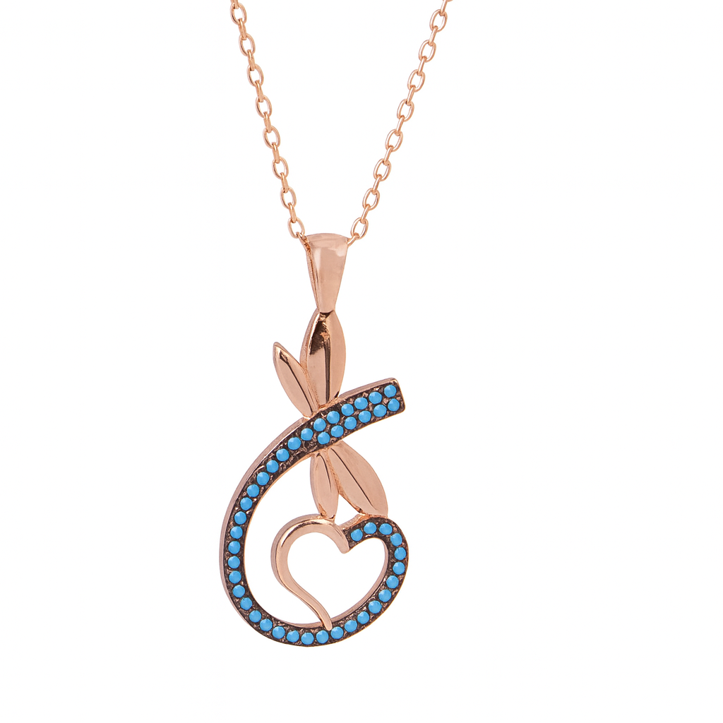 Rose gold necklace with a heart-shaped pendant featuring blue gemstones on a white background