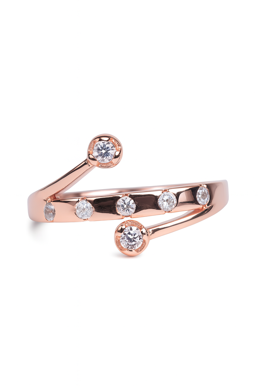 Rose gold ring with diamond accents on a white background