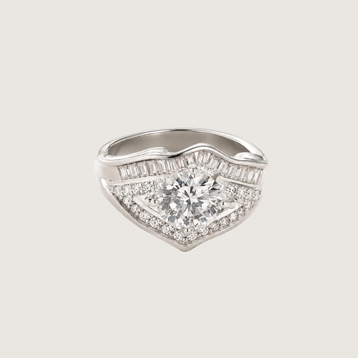 Diamond ring with a large central gemstone and smaller stones on a light background