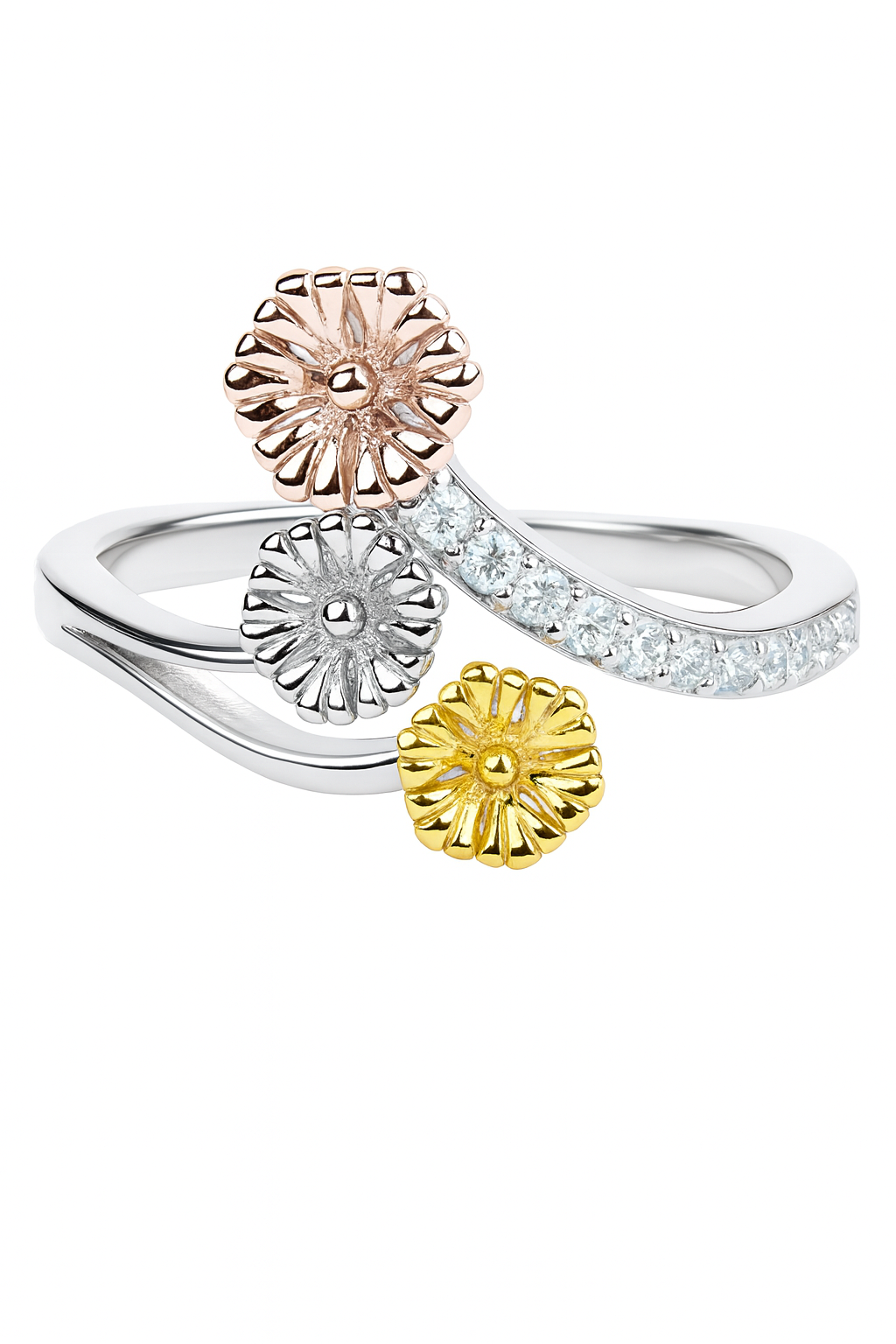 Three gold rings with floral designs on a white background