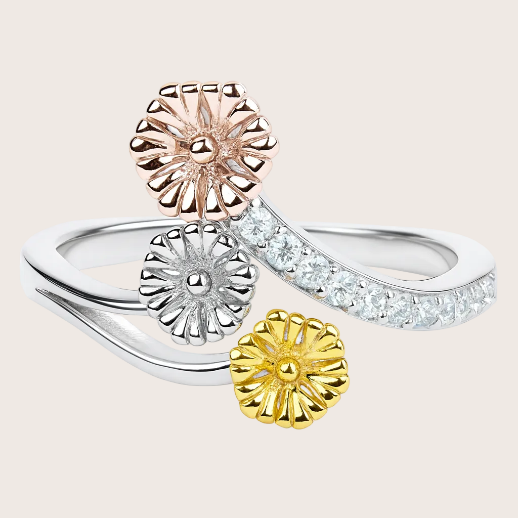 Three gold rings with floral designs on a white background
