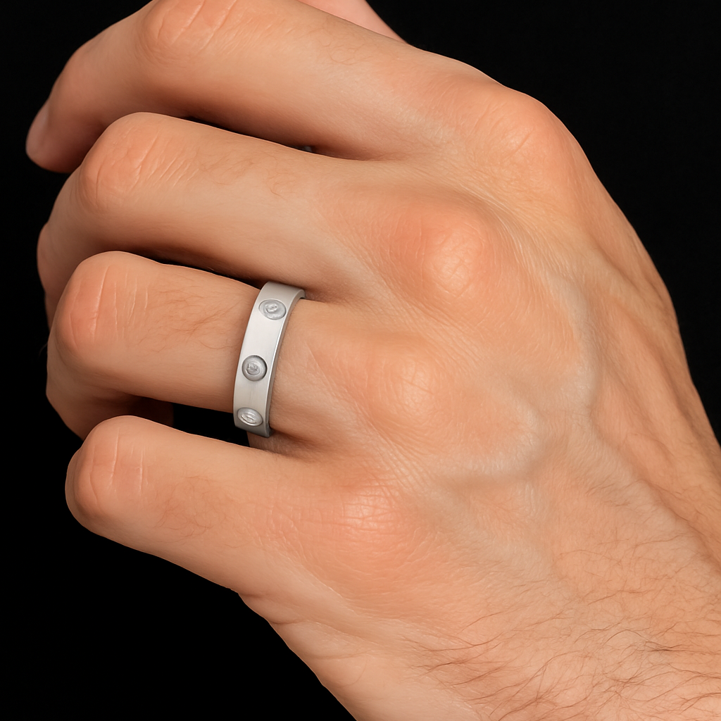 Hand wearing a silver ring with three stones on a black background
