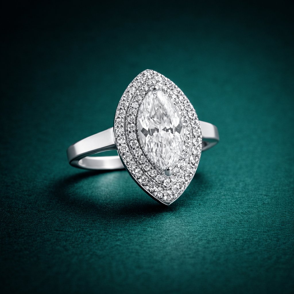Silver ring with a large diamond and smaller diamonds on a green background