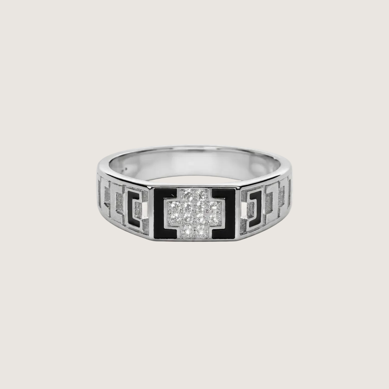 Silver ring with diamond on a light beige background