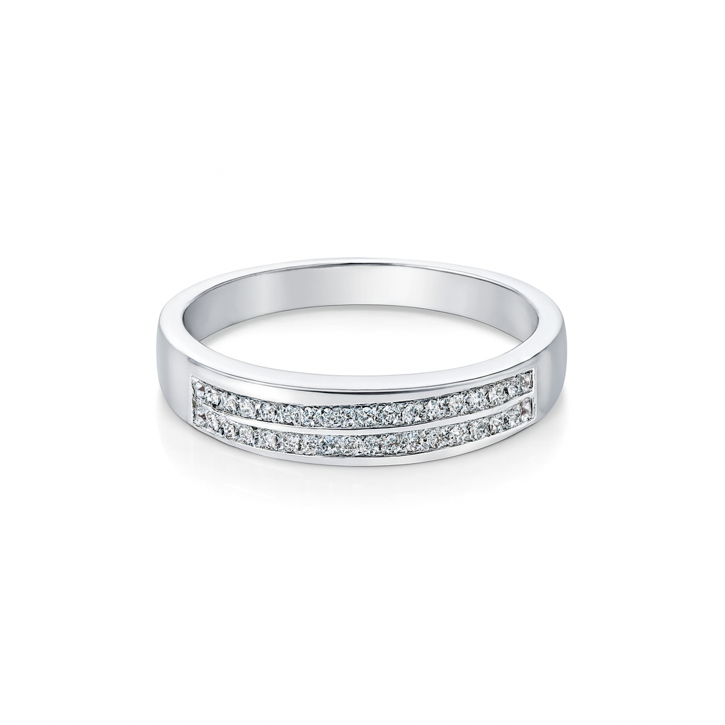 Silver ring with small diamonds on a white background