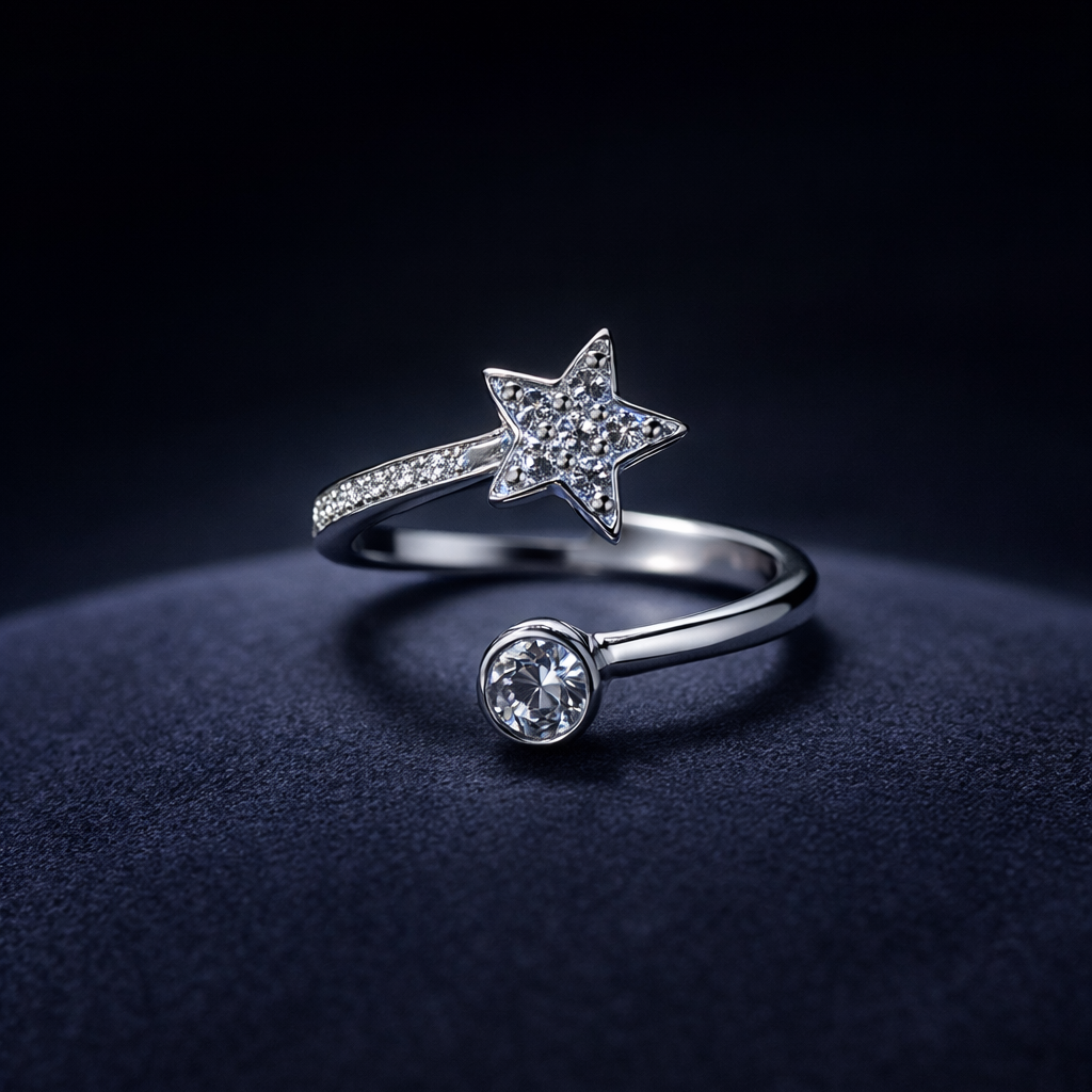 Silver ring with star and round gemstone on a dark background