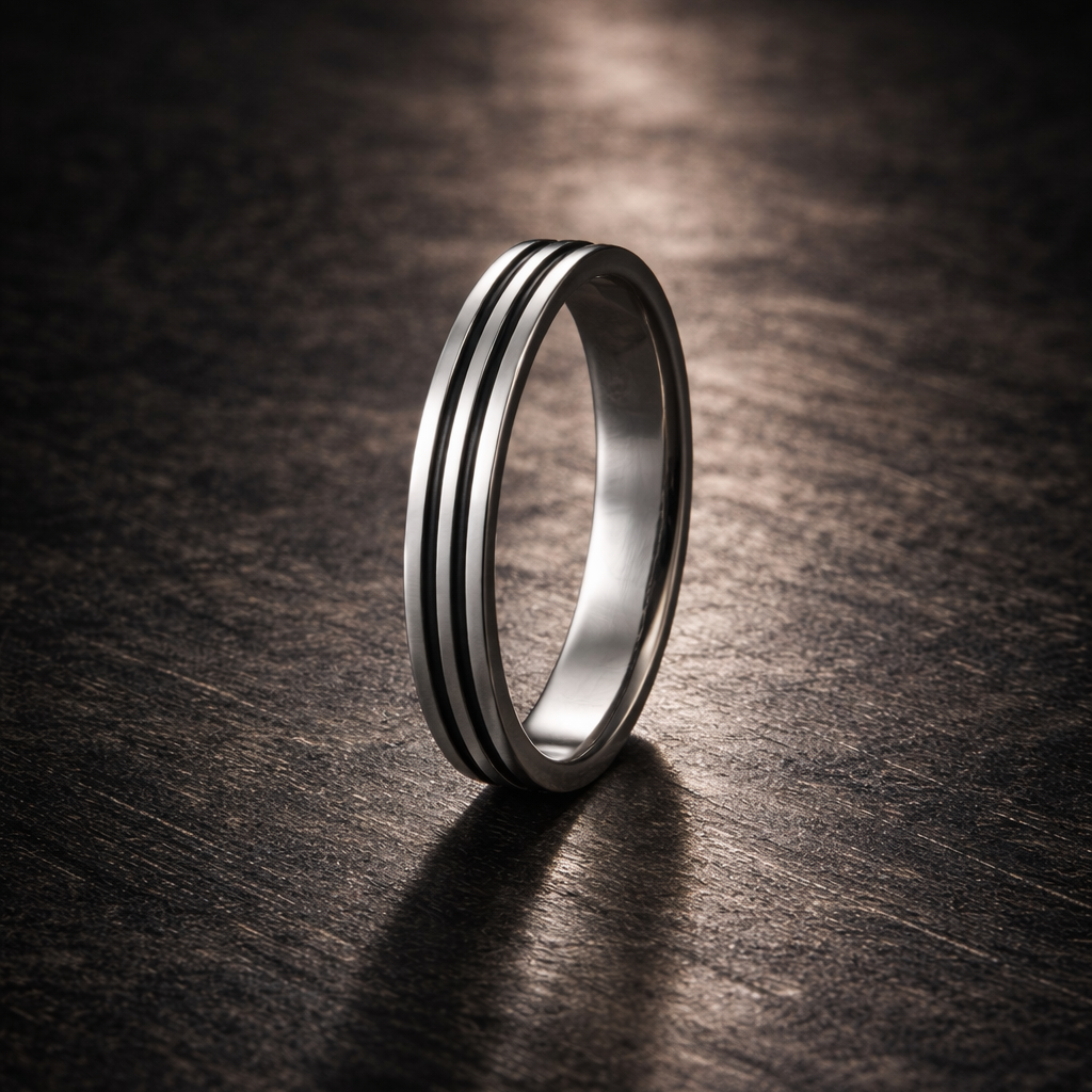 Silver ring with two black stripes on a dark wooden surface