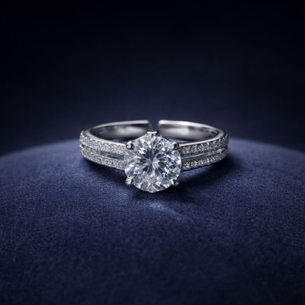 Silver ring with a large diamond on a dark blue cushion