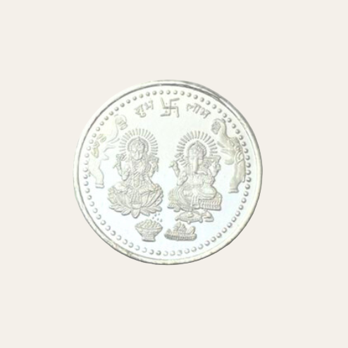 Silver coin with engraved design on a gray background