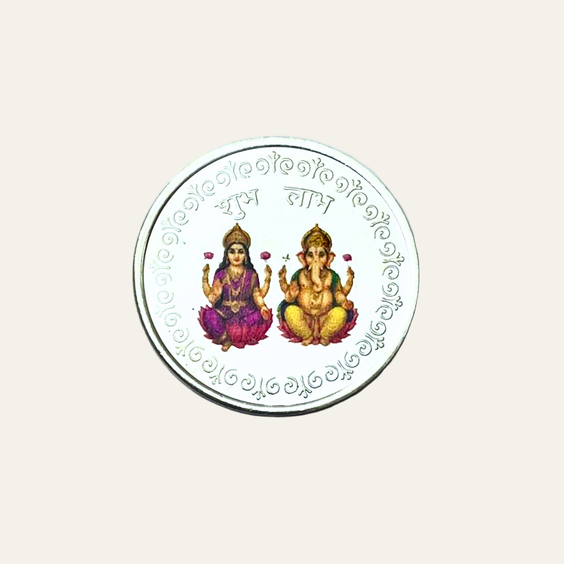 Circular object with illustrations of deities on a light beige background