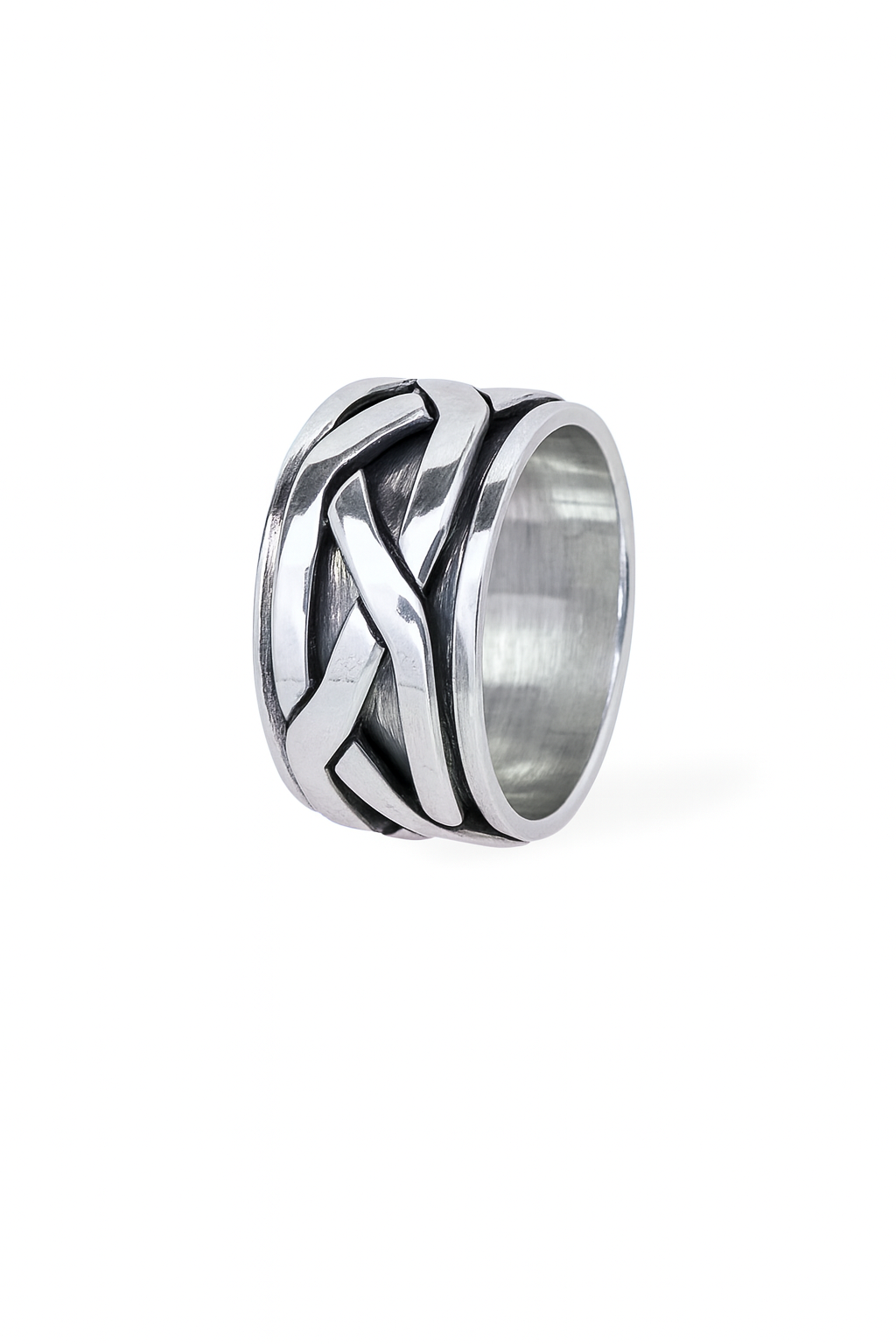 Silver ring with braided design on a white background