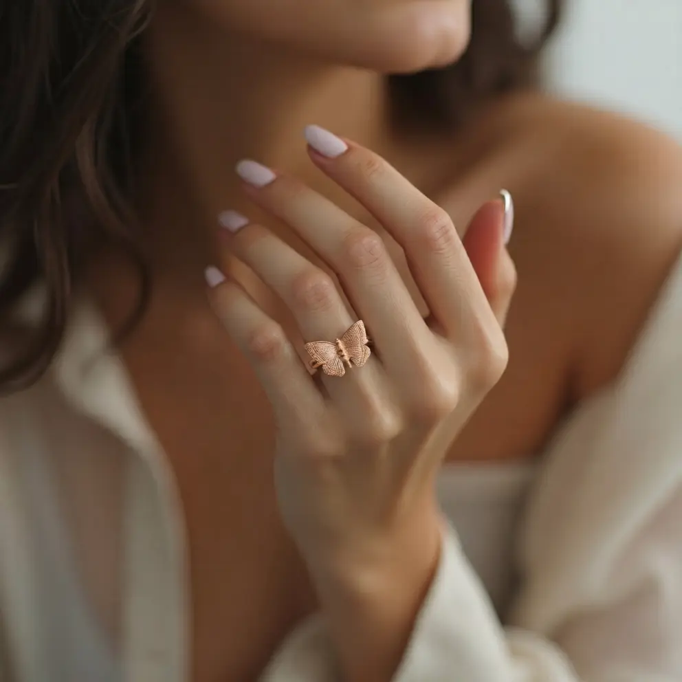 Close-up of a hand wearing a butterfly-shaped ring with a soft focus background
