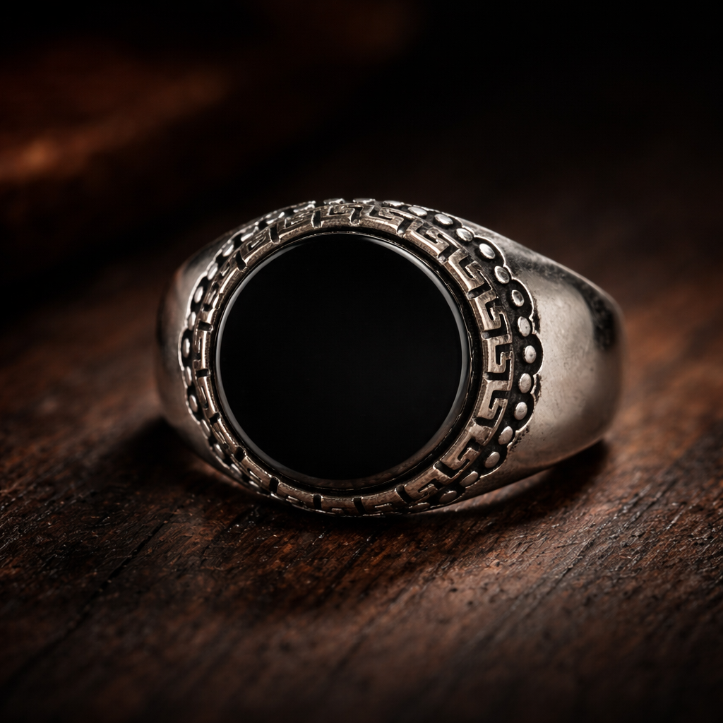 Silver ring with intricate design on a wooden surface