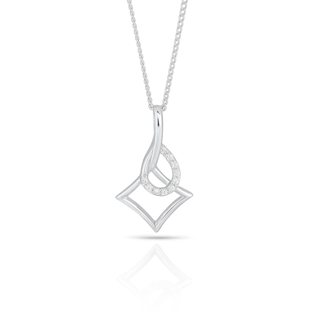 Silver necklace with a geometric pendant on a white background