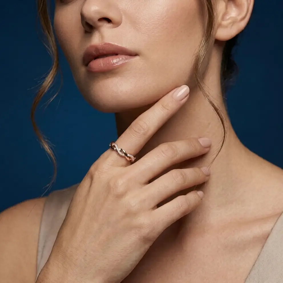 Women wearing rose gold silver ring — adjustable fit