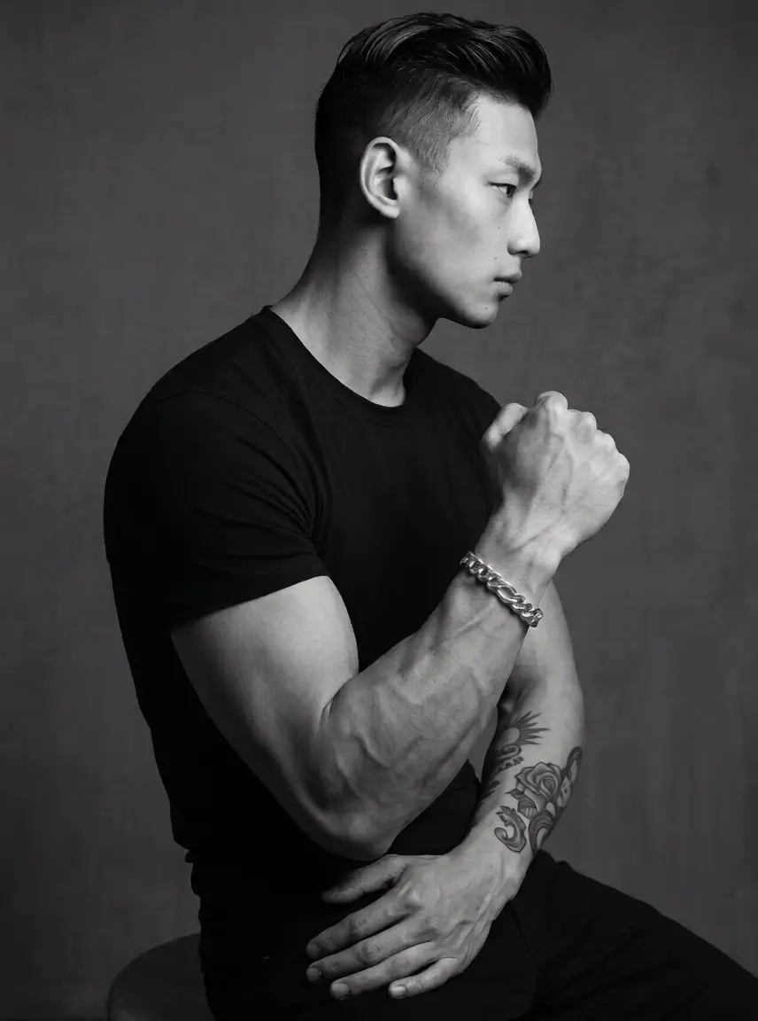 Man with tattoos and a bracelet on his arm, wearing a black t-shirt against a gray background
